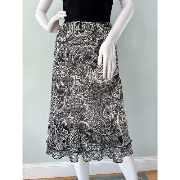 Y2k Briggs New York Black & White Paisley Flowy Boho Style Midi Skirt size PM - Picture 7 of 8